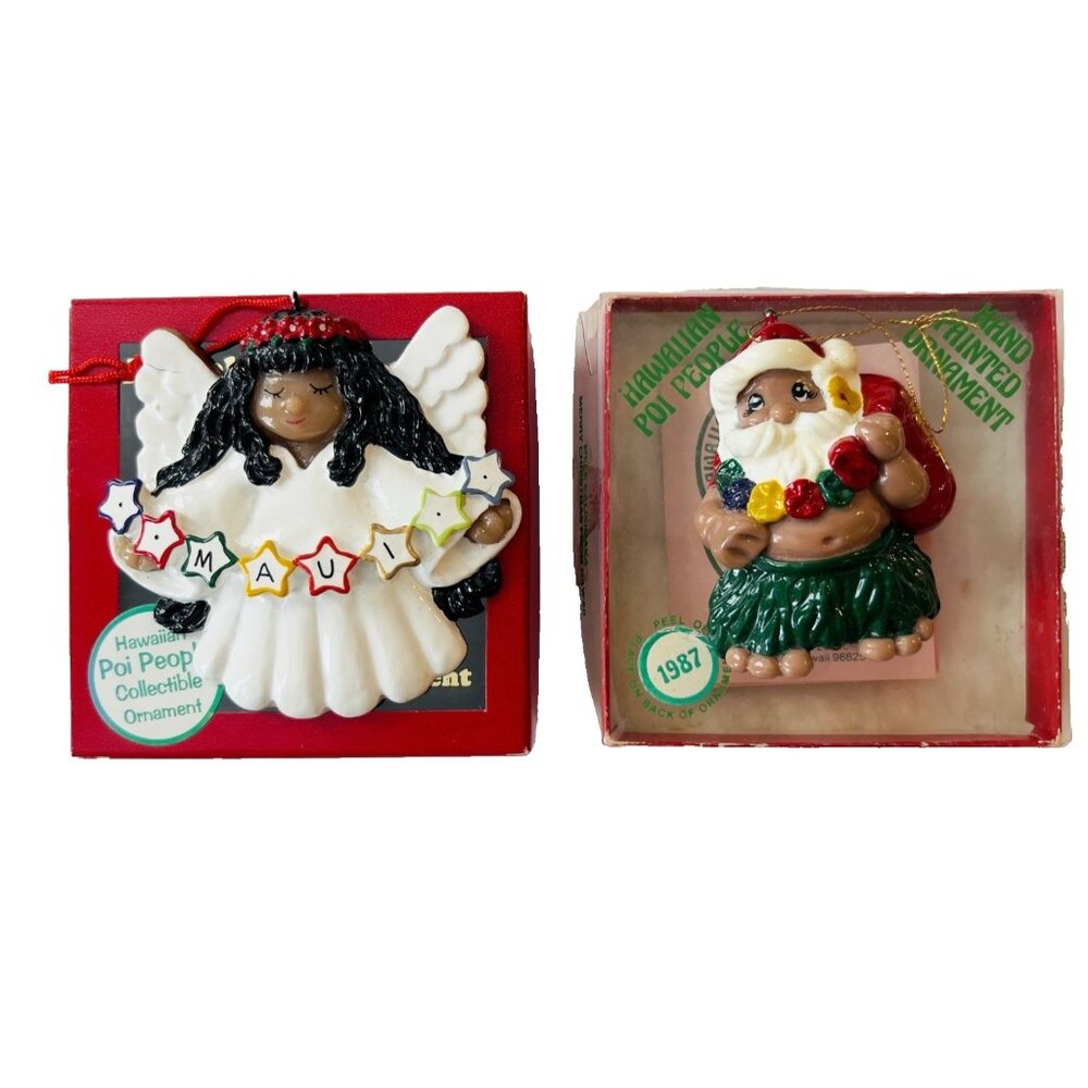 Vintage Hawaiian Poi People Santa w/Sack & Maui Angel Hanging Ornaments 1986-87